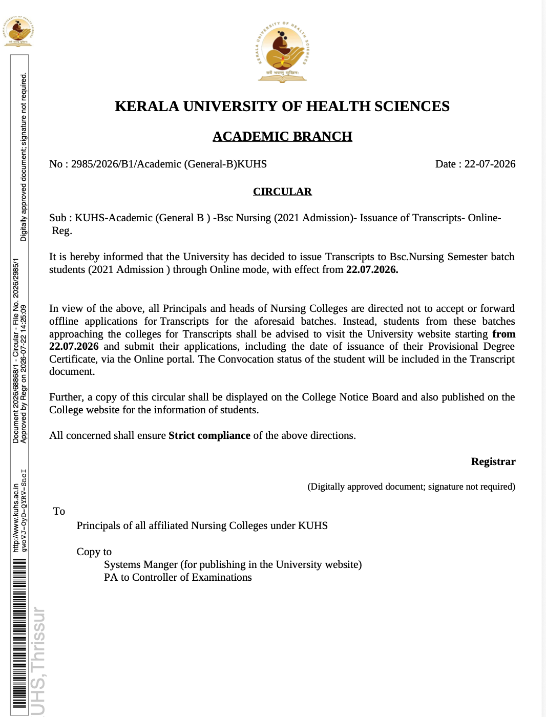 KUHS circular — Online transcript application for B.Sc. Nursing 2021 Admission batch